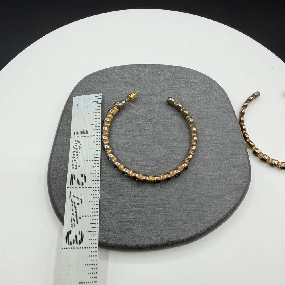Gold Tone Smoky Gray Rhinestone Large Hoop Earrings Statement Costume Jewelry